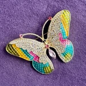 Gold Tone Enamel Butterfly Brooch Multicolor Rhinestone Crystal Fashion Pin